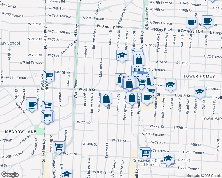 map of restaurants, bars, coffee shops, grocery stores, and more near 801 West 75th Street in Kansas City