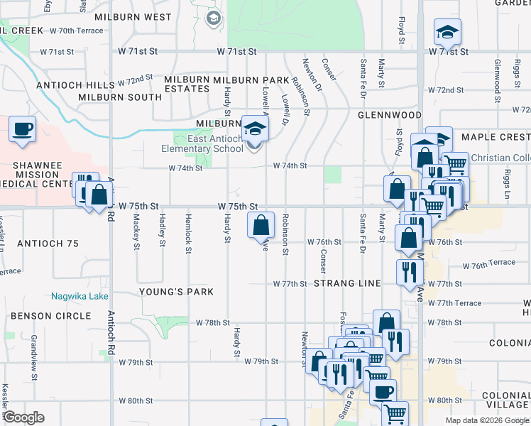 map of restaurants, bars, coffee shops, grocery stores, and more near in Overland Park