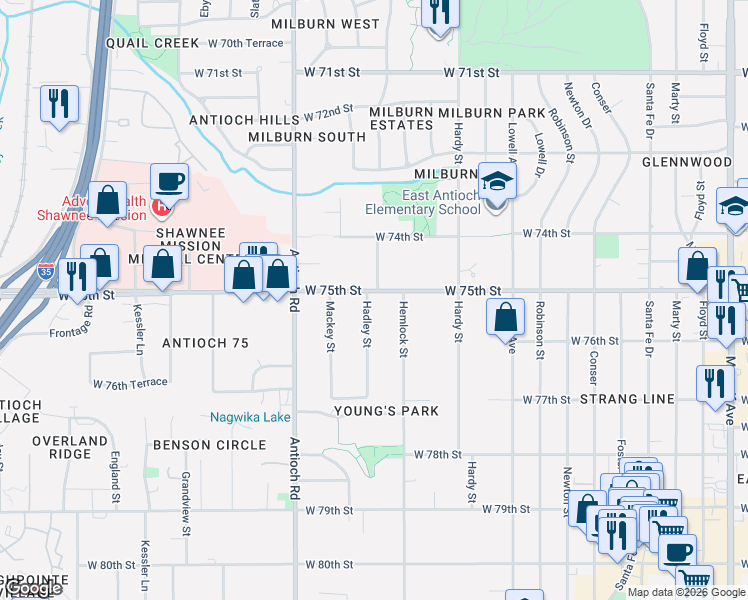 map of restaurants, bars, coffee shops, grocery stores, and more near 7515 Hadley Street in Overland Park