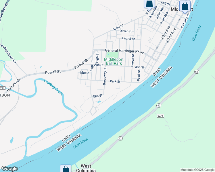 map of restaurants, bars, coffee shops, grocery stores, and more near 305 Broadway Street in Middleport