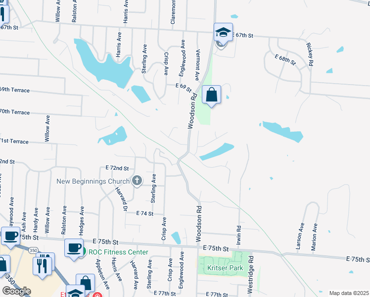 map of restaurants, bars, coffee shops, grocery stores, and more near 11423 East 71 Street in Raytown
