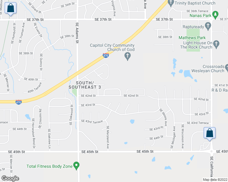 map of restaurants, bars, coffee shops, grocery stores, and more near 1003 Southeast 41st Terrace in Topeka