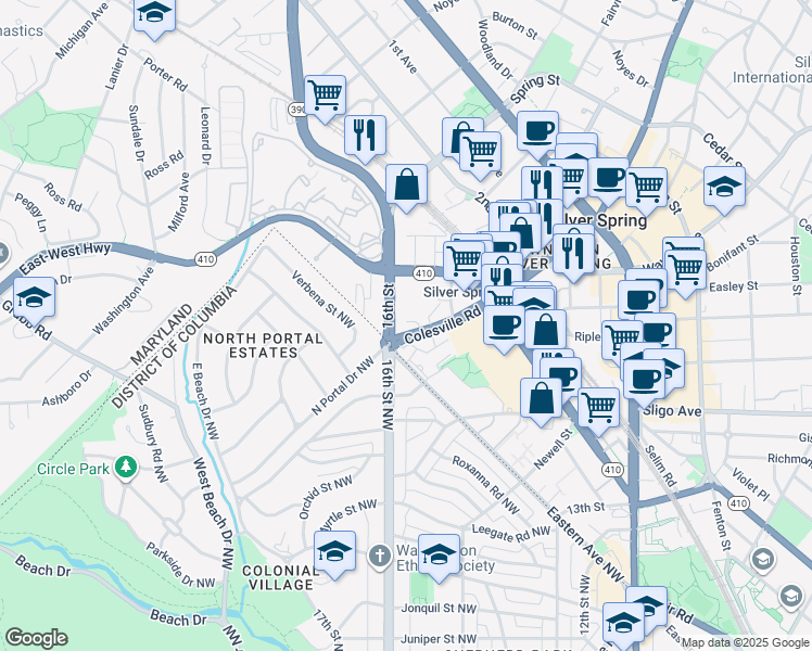 map of restaurants, bars, coffee shops, grocery stores, and more near 8305 16th Street in Silver Spring