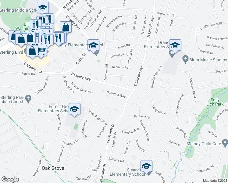 map of restaurants, bars, coffee shops, grocery stores, and more near 15 Butternut Way in Sterling