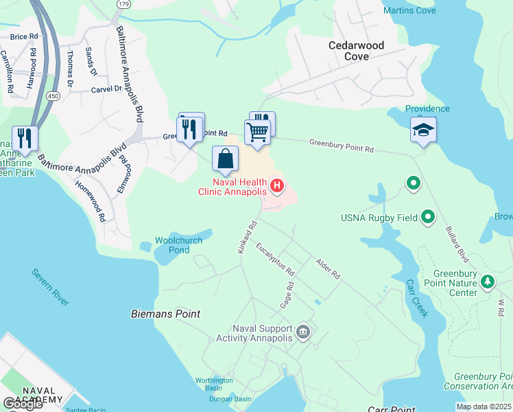 map of restaurants, bars, coffee shops, grocery stores, and more near Kinkaid Road in Annapolis