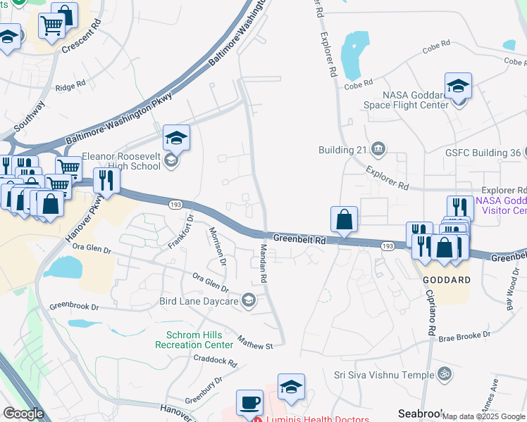 map of restaurants, bars, coffee shops, grocery stores, and more near Mandan Road in Greenbelt