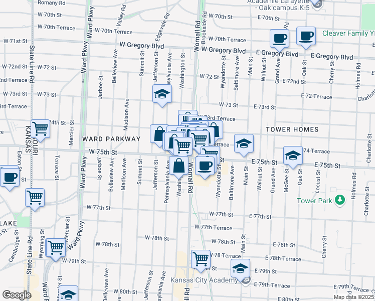 map of restaurants, bars, coffee shops, grocery stores, and more near 7442 West 75th Street in Kansas City