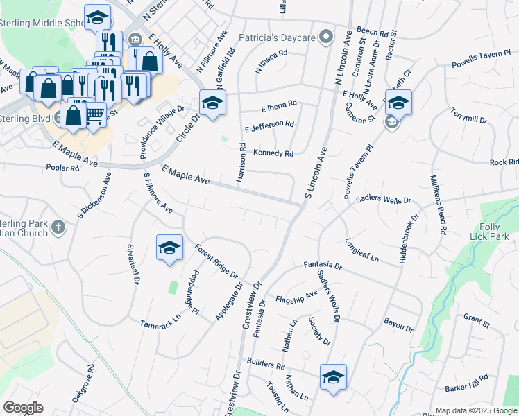 map of restaurants, bars, coffee shops, grocery stores, and more near 15 Butternut Way in Sterling