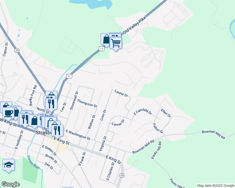 map of restaurants, bars, coffee shops, grocery stores, and more near 760 Laurie Drive in Strasburg