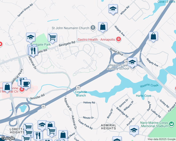 map of restaurants, bars, coffee shops, grocery stores, and more near 623 Captain John Brice Way in Annapolis