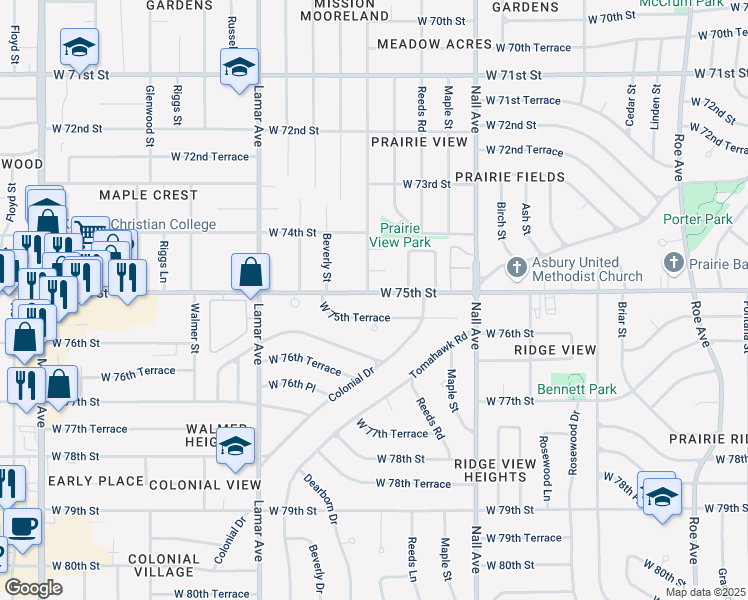 map of restaurants, bars, coffee shops, grocery stores, and more near 5806 West 75th Terrace in Prairie Village