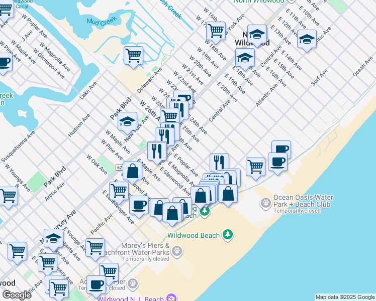 map of restaurants, bars, coffee shops, grocery stores, and more near 217 East Juniper Avenue in Wildwood