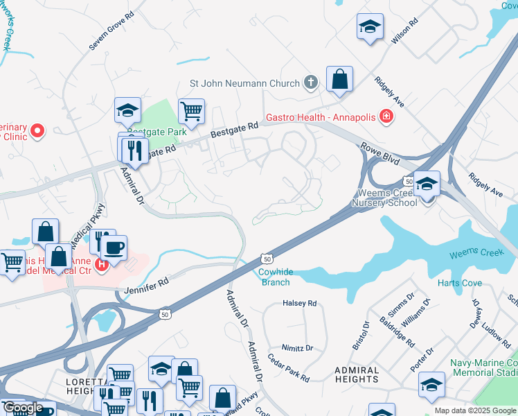 map of restaurants, bars, coffee shops, grocery stores, and more near 2024 Governor Thomas Bladen Way in Annapolis