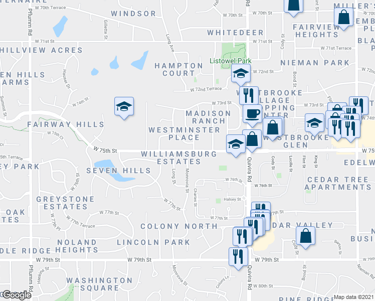 map of restaurants, bars, coffee shops, grocery stores, and more near W 75th St & Monrovia St in Lenexa