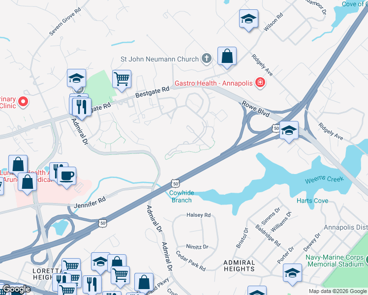 map of restaurants, bars, coffee shops, grocery stores, and more near 2013 Governor Thomas Bladen Way in Annapolis
