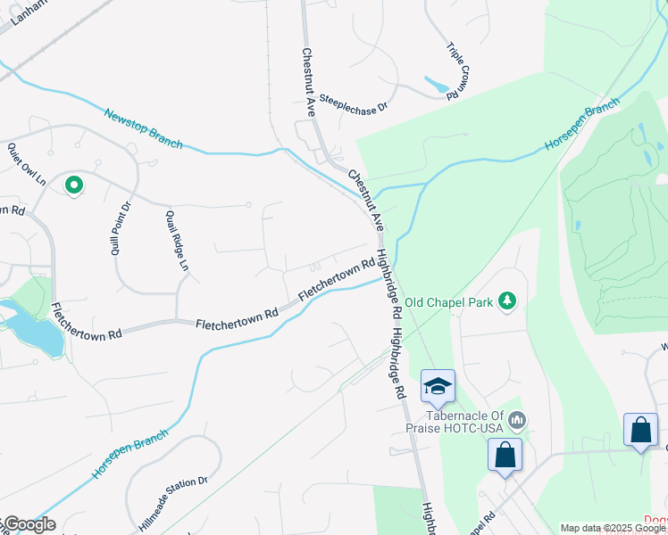 map of restaurants, bars, coffee shops, grocery stores, and more near 13111 Old Fletchertown Road in Bowie