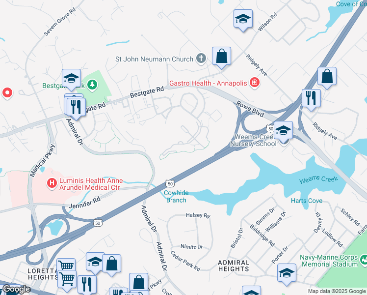 map of restaurants, bars, coffee shops, grocery stores, and more near 2011 Governor Thomas Bladen Way in Annapolis