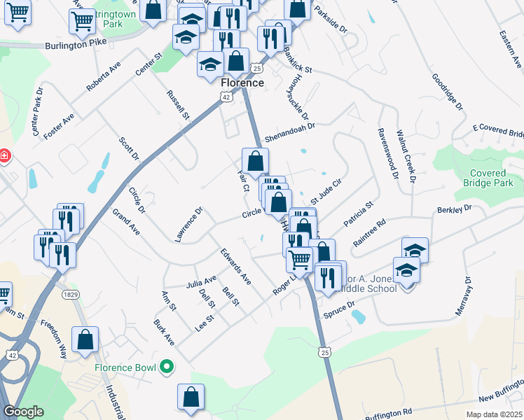 map of restaurants, bars, coffee shops, grocery stores, and more near 5 Circle Drive in Florence