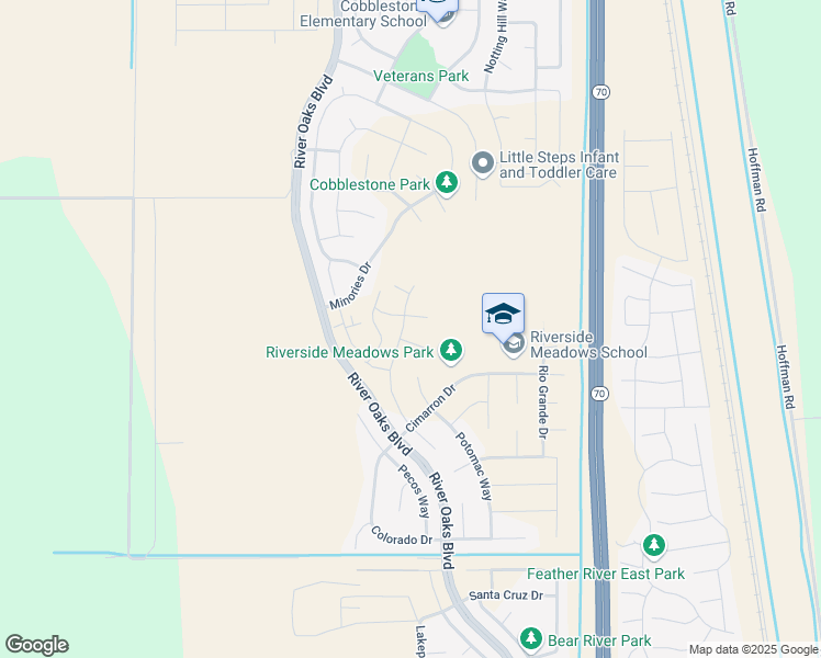 map of restaurants, bars, coffee shops, grocery stores, and more near Rio Grande Drive in Olivehurst