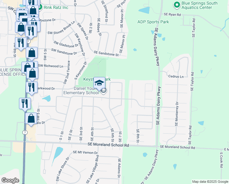 map of restaurants, bars, coffee shops, grocery stores, and more near 701 Southeast Shamrock Lane in Blue Springs