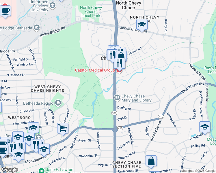 map of restaurants, bars, coffee shops, grocery stores, and more near 8100 Connecticut Avenue in Chevy Chase