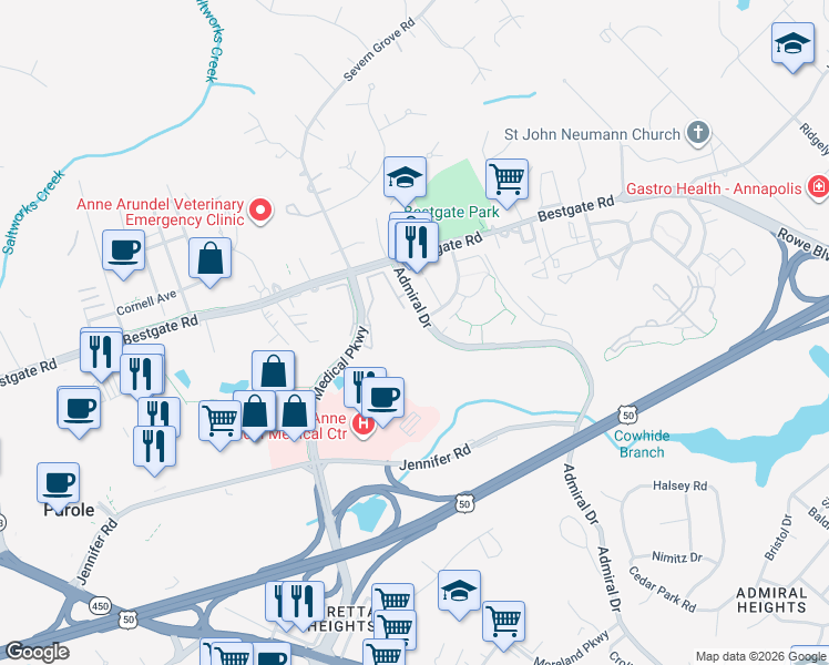 map of restaurants, bars, coffee shops, grocery stores, and more near 633 Admiral Drive in Annapolis