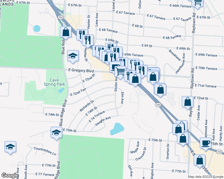 map of restaurants, bars, coffee shops, grocery stores, and more near 9120 Richards Drive in Raytown