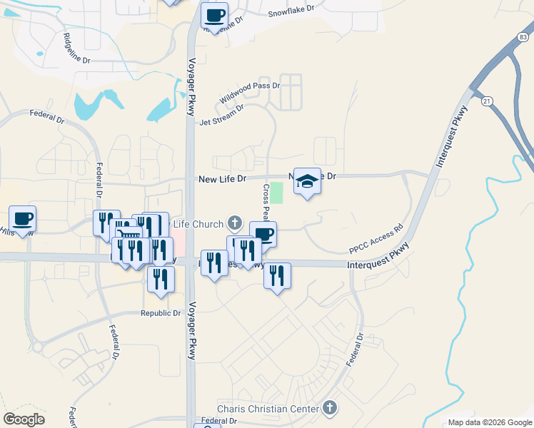 map of restaurants, bars, coffee shops, grocery stores, and more near Cross Peak View in Colorado Springs
