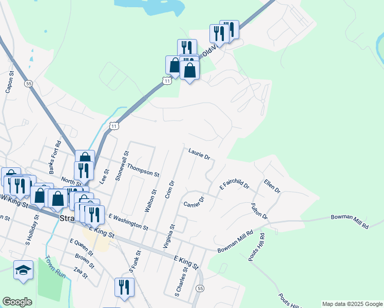 map of restaurants, bars, coffee shops, grocery stores, and more near 760 Laurie Drive in Strasburg