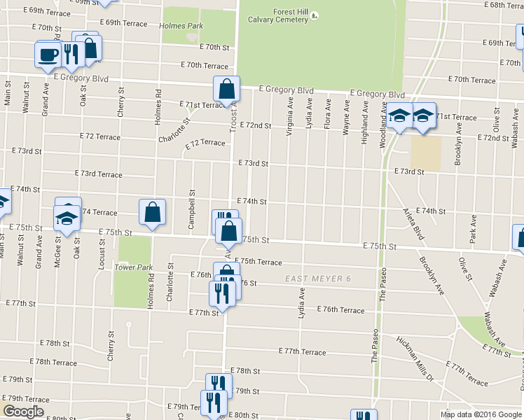 map of restaurants, bars, coffee shops, grocery stores, and more near 7418 Tracy Avenue in Kansas City