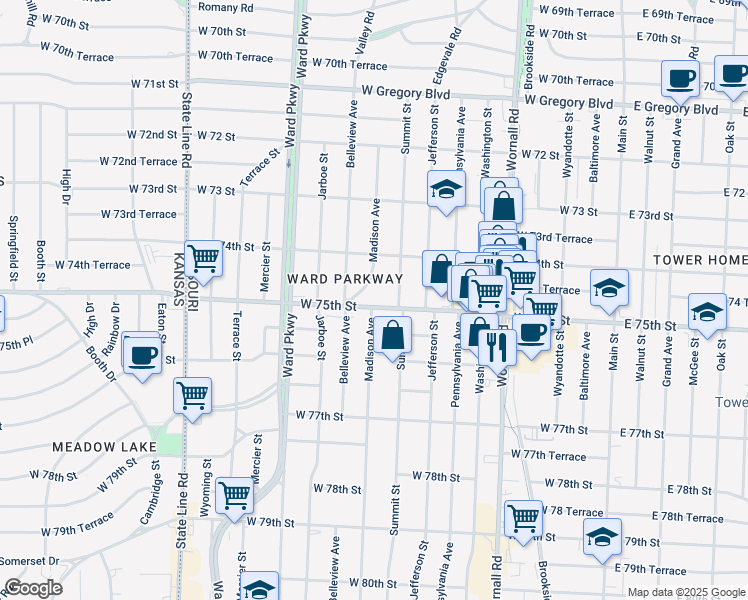 map of restaurants, bars, coffee shops, grocery stores, and more near 997 West 75th Street in Kansas City