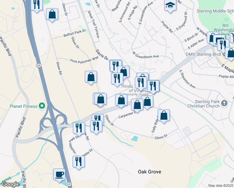 map of restaurants, bars, coffee shops, grocery stores, and more near 1499 Shepard Drive in Sterling