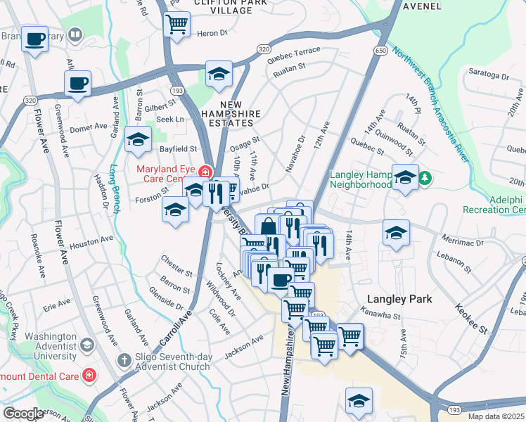 map of restaurants, bars, coffee shops, grocery stores, and more near 1017 Merrimac Drive in Silver Spring