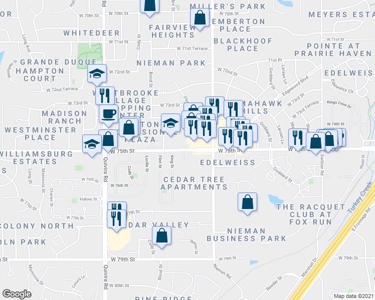 map of restaurants, bars, coffee shops, grocery stores, and more near 11200 West 75th Street in Shawnee