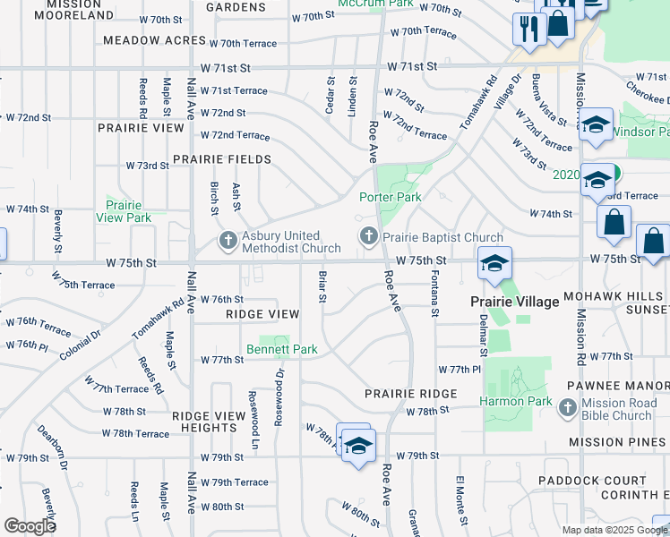 map of restaurants, bars, coffee shops, grocery stores, and more near 4825 West 75th Street in Prairie Village