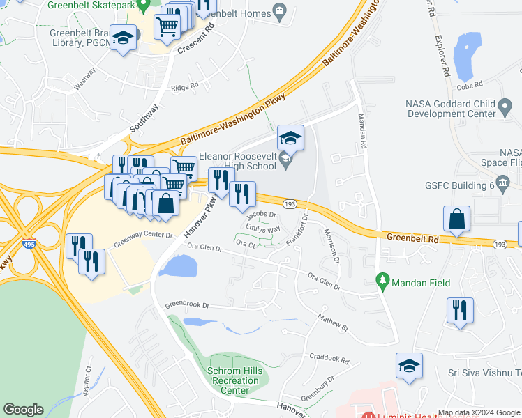 map of restaurants, bars, coffee shops, grocery stores, and more near 7826 Jacobs Drive in Greenbelt
