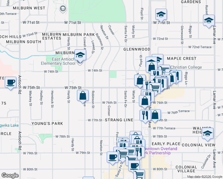 map of restaurants, bars, coffee shops, grocery stores, and more near 7508 Foster Street in Overland Park