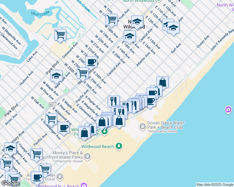 map of restaurants, bars, coffee shops, grocery stores, and more near 317 East 24th Avenue in North Wildwood