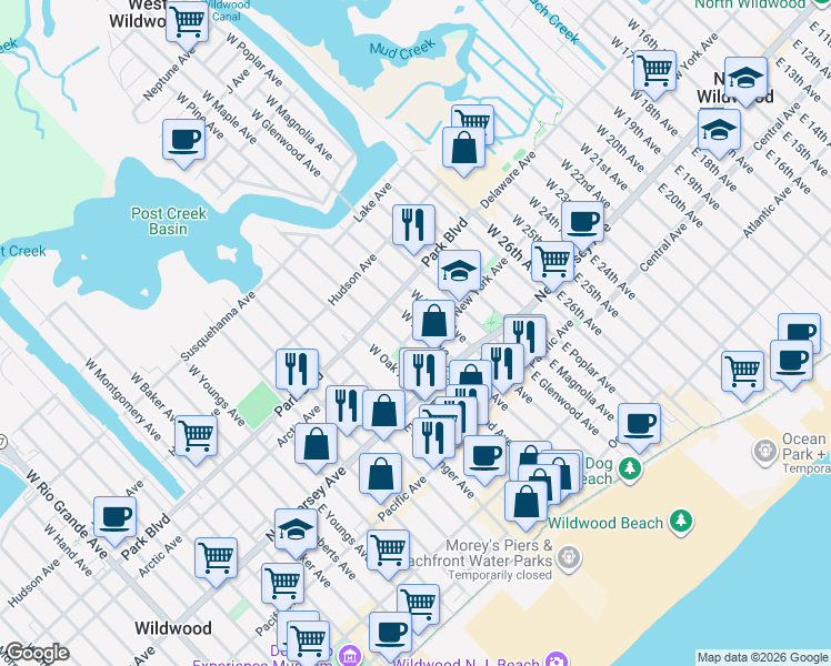 map of restaurants, bars, coffee shops, grocery stores, and more near in Wildwood