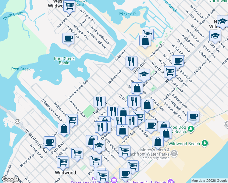 map of restaurants, bars, coffee shops, grocery stores, and more near 308 West Schellenger Avenue in Wildwood