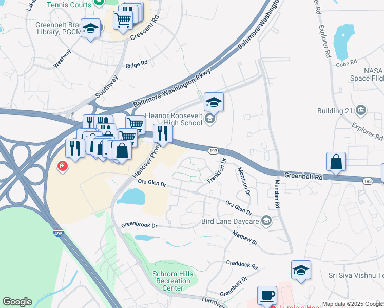 map of restaurants, bars, coffee shops, grocery stores, and more near 7826 Jacobs Drive in Greenbelt