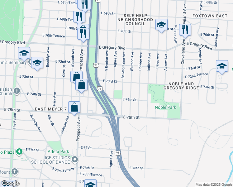 map of restaurants, bars, coffee shops, grocery stores, and more near in Kansas City
