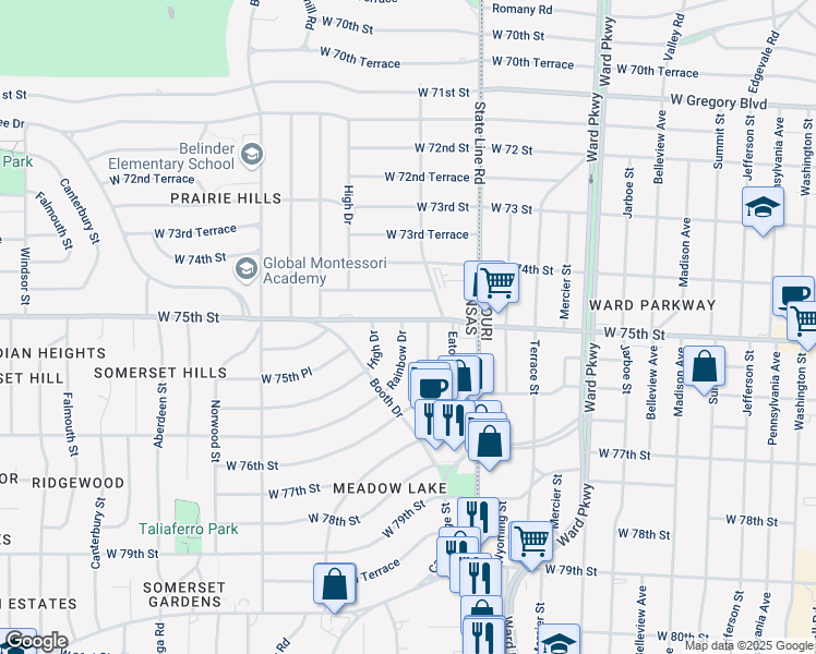 map of restaurants, bars, coffee shops, grocery stores, and more near 7501 Rainbow Drive in Prairie Village