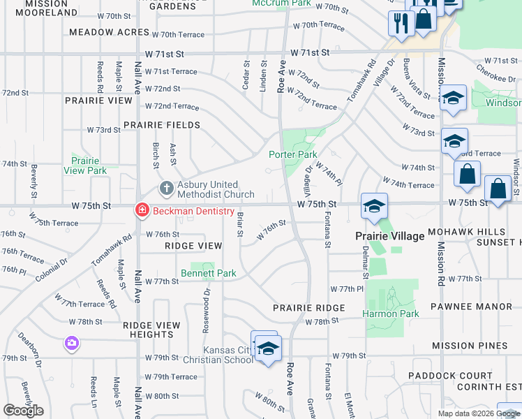 map of restaurants, bars, coffee shops, grocery stores, and more near 4716 West 76th Street in Prairie Village