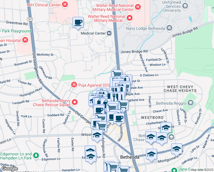 map of restaurants, bars, coffee shops, grocery stores, and more near 4887 Battery Lane in Bethesda