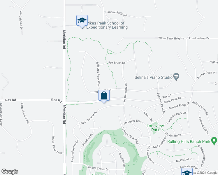 map of restaurants, bars, coffee shops, grocery stores, and more near 12214 Black Hills Drive in Peyton