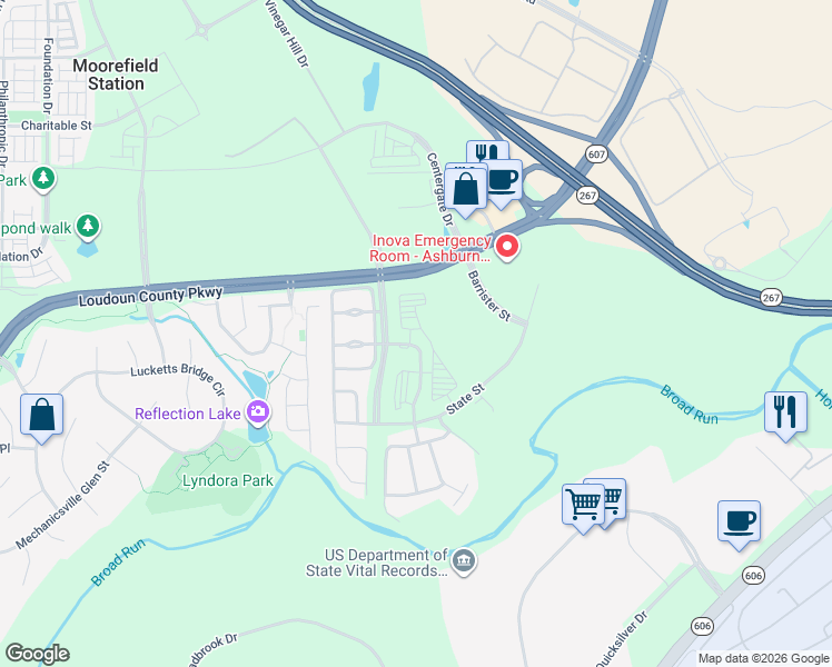 map of restaurants, bars, coffee shops, grocery stores, and more near 22519 Armstrong Terrace in Ashburn