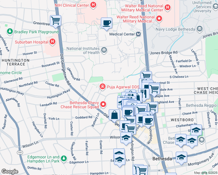 map of restaurants, bars, coffee shops, grocery stores, and more near 4977 Battery Lane in Bethesda