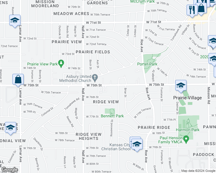 map of restaurants, bars, coffee shops, grocery stores, and more near 5157 West 75th Street in Prairie Village