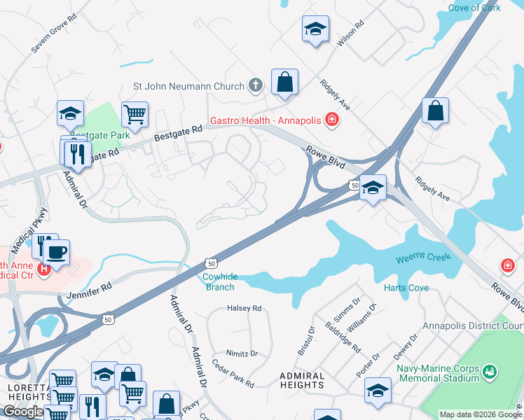 map of restaurants, bars, coffee shops, grocery stores, and more near 527 Captain John Brice Way in Annapolis